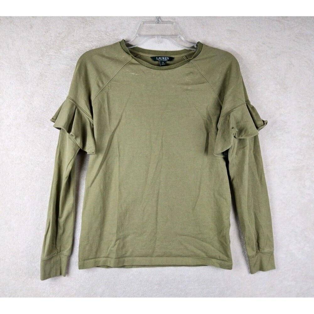 Lauren Ralph Lauren Women's Long Sleeve Ruffle Green Shirt Top Size XS